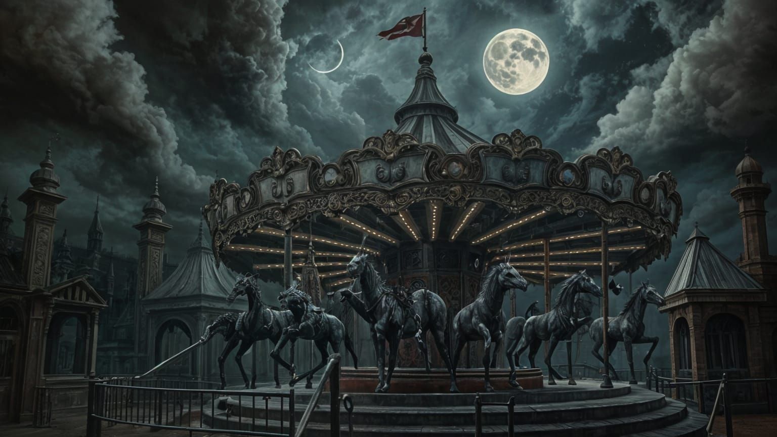 Haunted Carousel with Ghoul Animals Under a Gloomy Moon