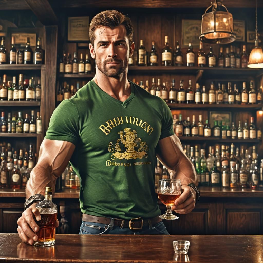 Muscular Man Holding Whiskey Bottle in Irish Pub