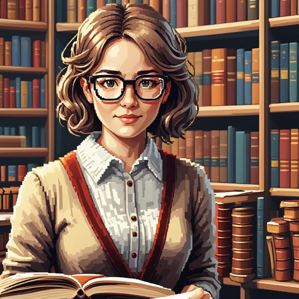 Librarian with Glasses in Pixel Art Style