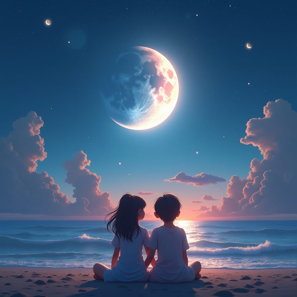 Friends Gazing at Moonlit Sky: Fantasy Concept Art