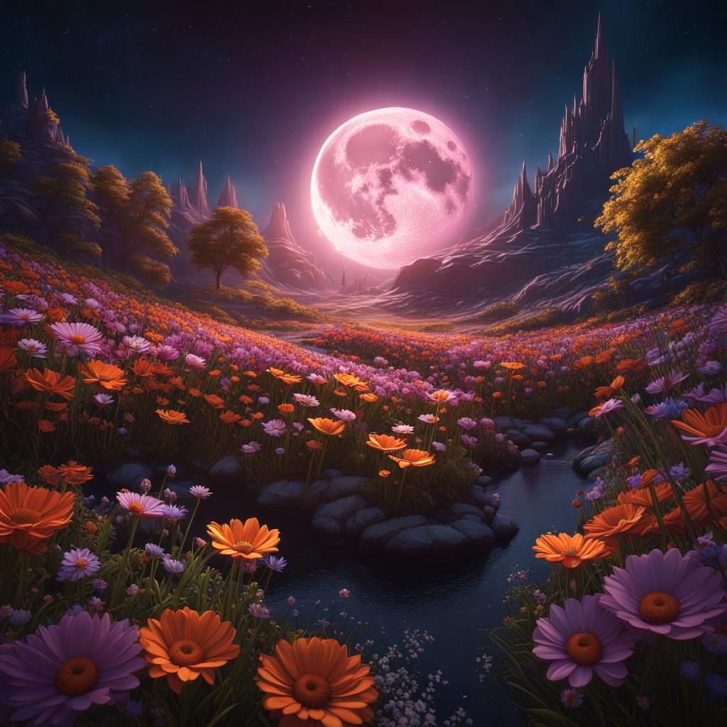 Flowers Orbiting the Moon: A Detailed Digital Painting