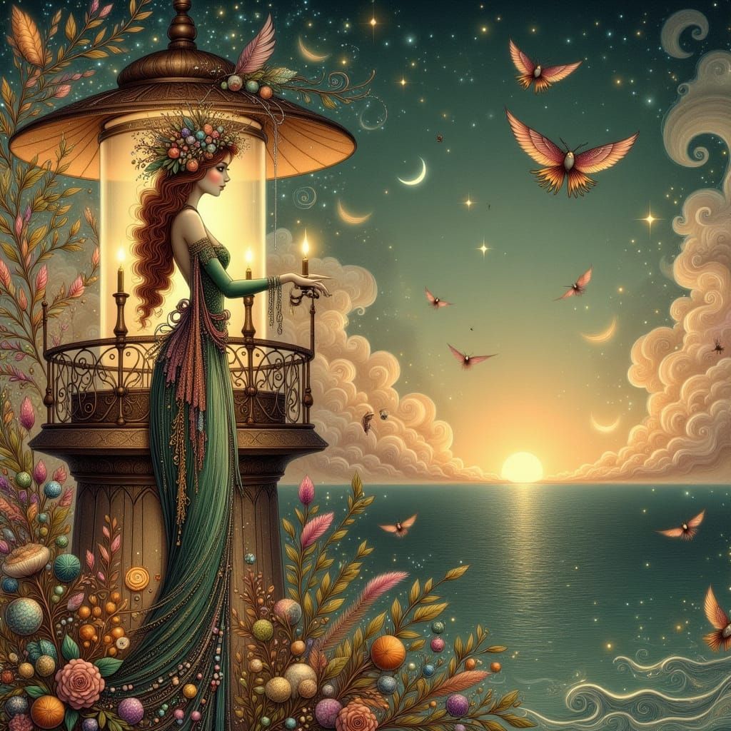 Flapper Girl on Art Deco Lighthouse in Art Nouveau Style