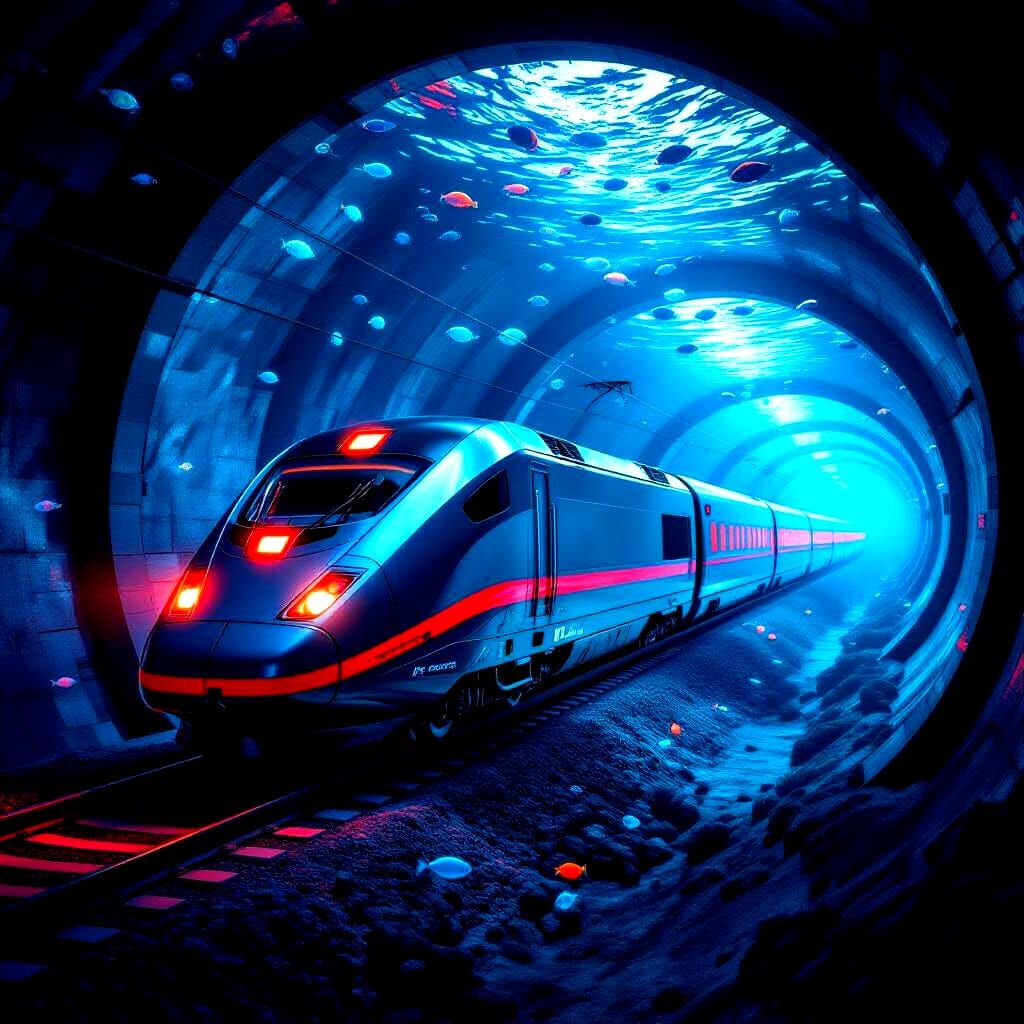 Silver and Red Bullet Train Crosses Under Atlantic Ocean
