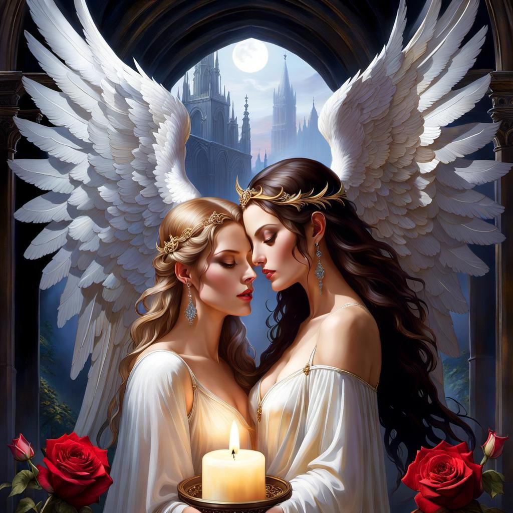 Angelic Demon Kiss in Ethereal Monastery Setting