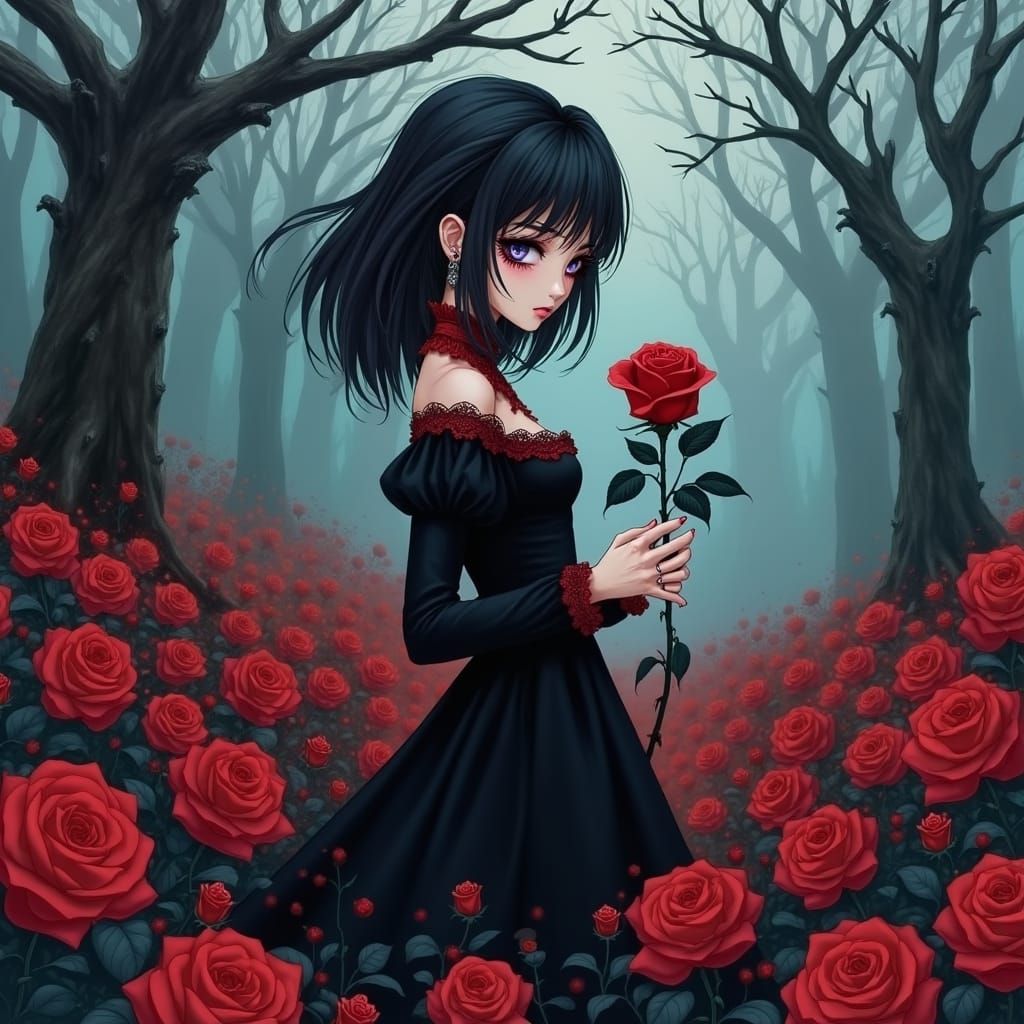 Emo Girl in a Field of Red Roses, Holding a Black Rose