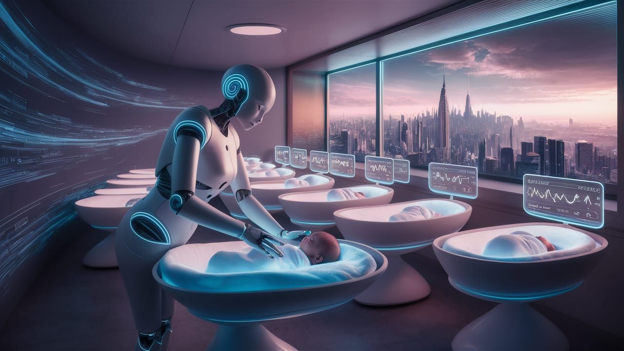 Futuristic Android Tends to Newborn in High-Tech Nursery