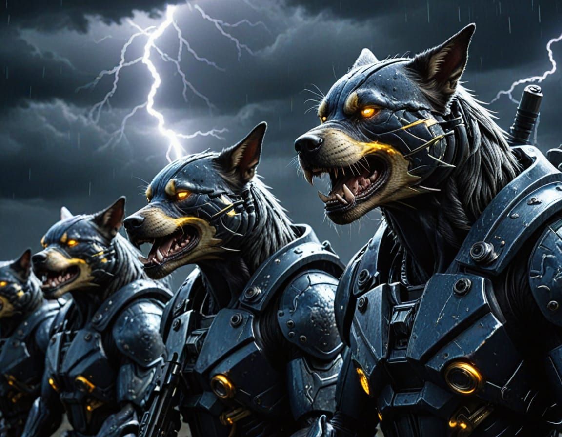 Cyberpunk Soldiers in Biomechanical Armor Unleash Fury Under...