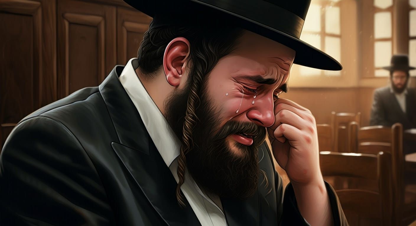 Hasidic Man in Grief, a Digital Realistic Comic-Style Portra...