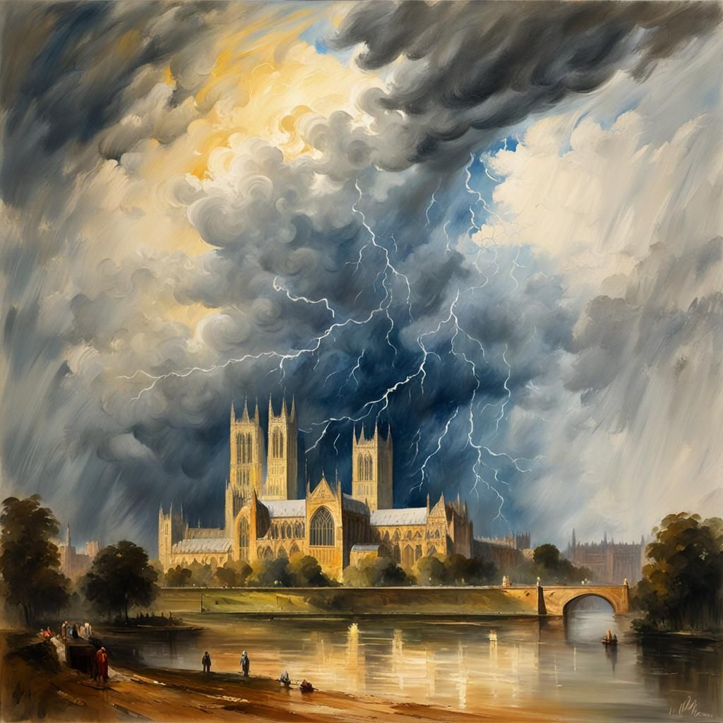 Lincoln Cathedral Thunderstorm in Turner-esque Gouache Style