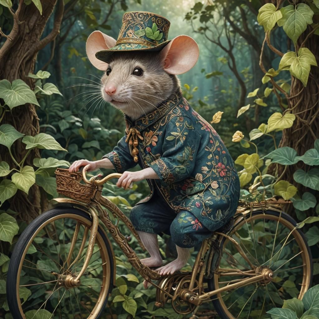 Mouse on Bicycle in Lush Forest, Digital Art