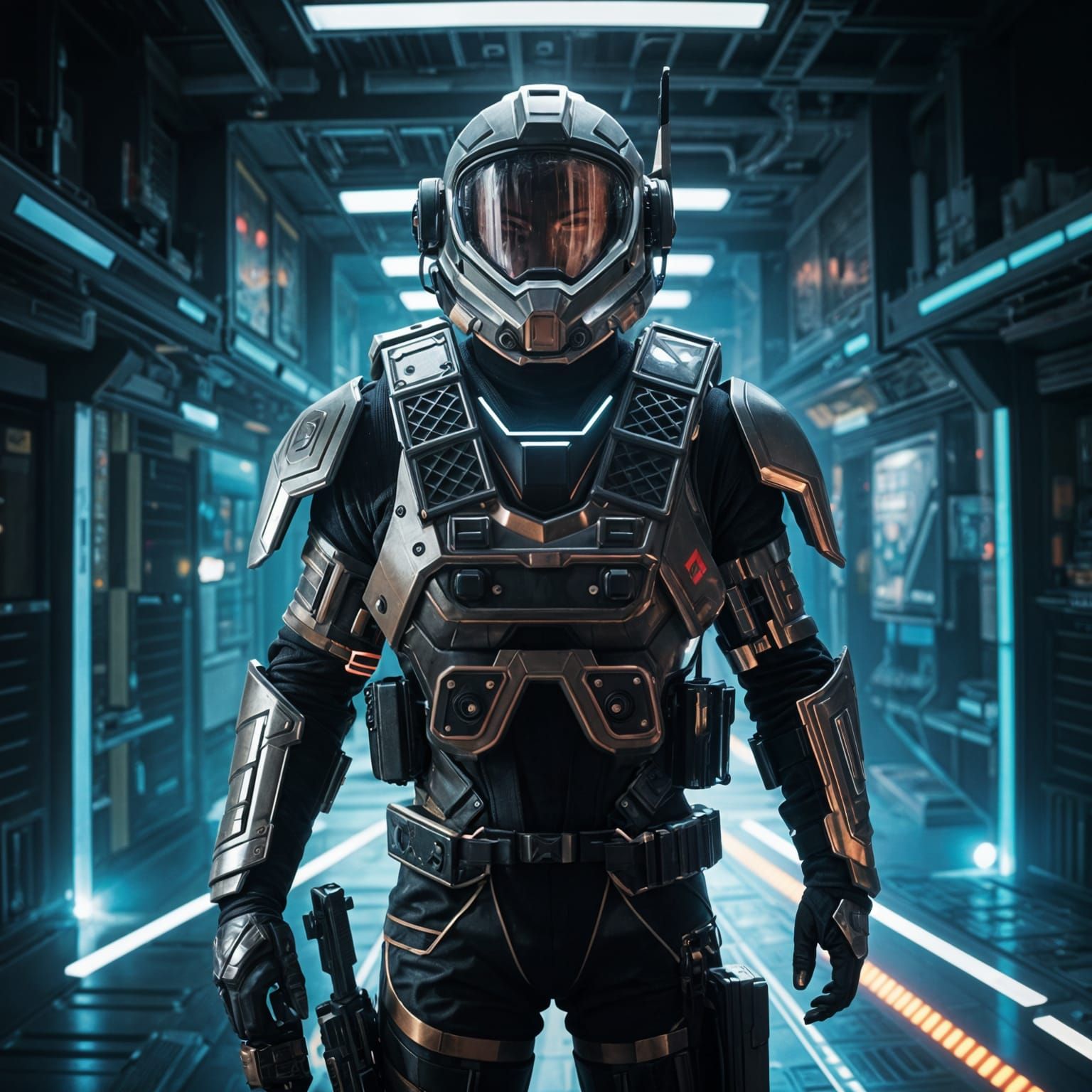 Futuristic Soldier with Jetpack in Dystopian Scene