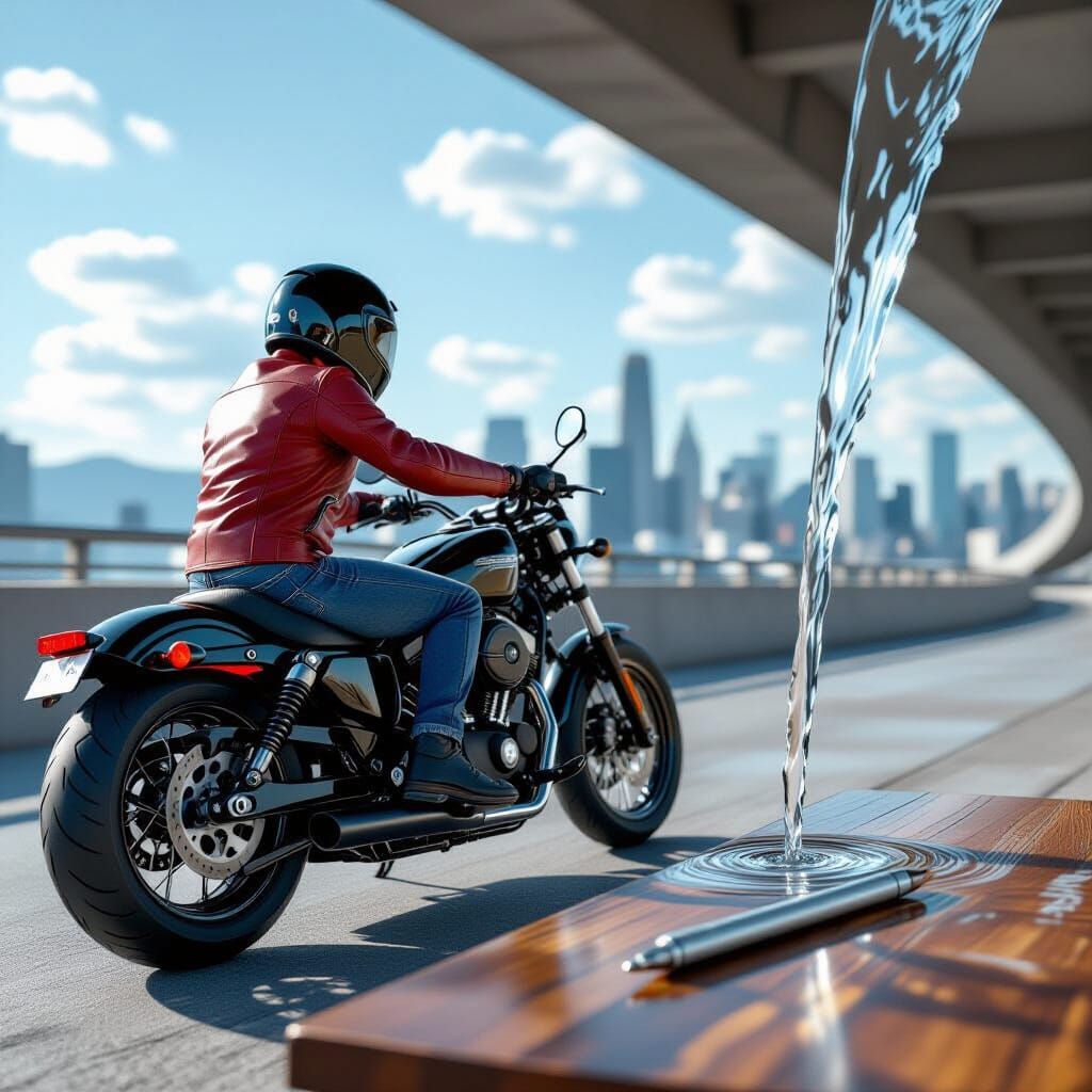 Man on Motorcycle by Water Stream, Hyperrealistic Concept Ar...