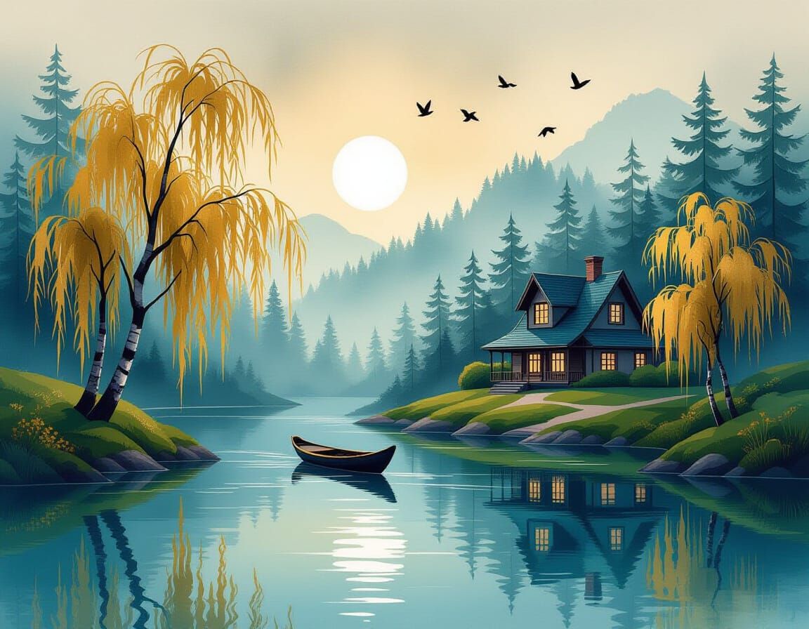 Zen Forestscape with Cottage in Minimalist Style