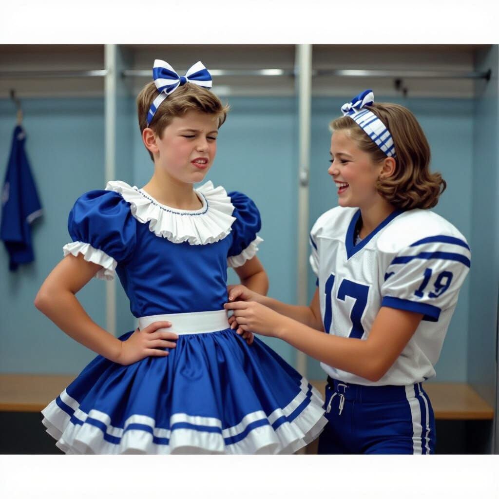 1960s Locker Room Scene: Brother in Cheerleader Dress, Siste...