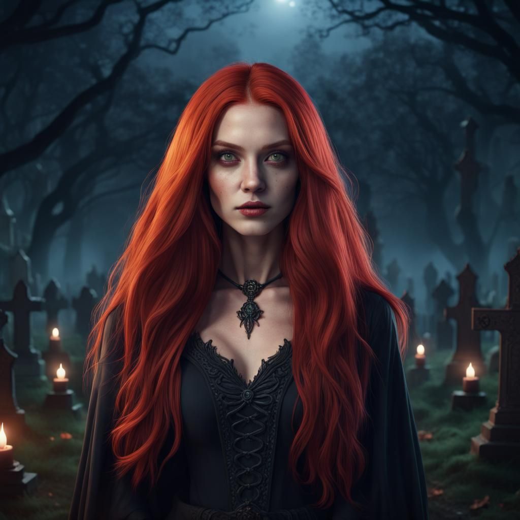 Red-Haired Witch in Graveyard: Detailed Fantasy Art