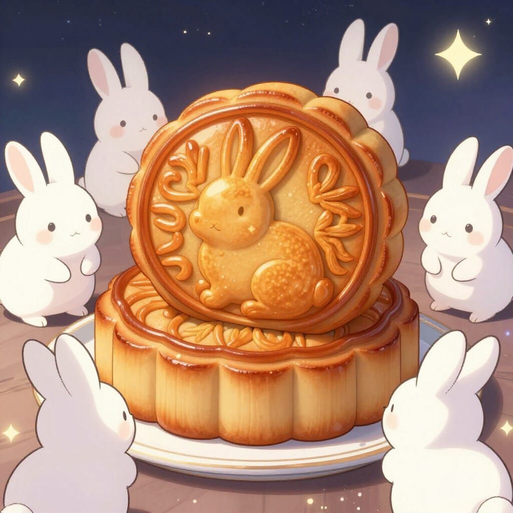 Festive Mooncake with Bunnies in Anime Style