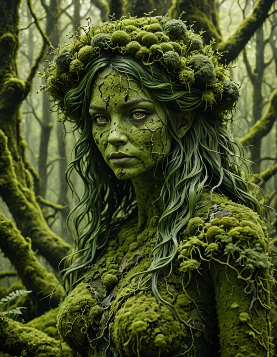 Moss and Lichen Woman in Forest: Ultrarealistic