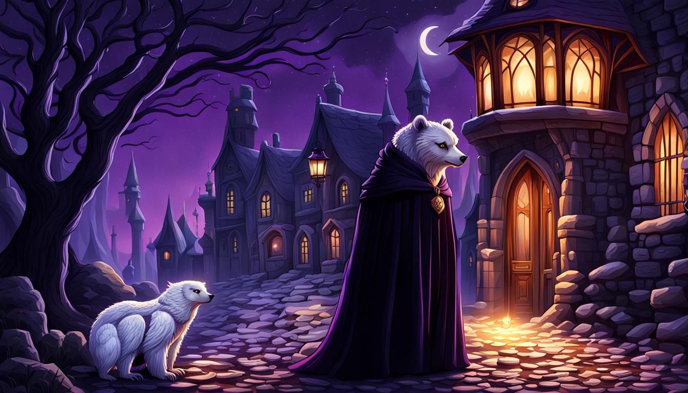 Gothic Bear Standing Before Its House, Wrapped in Black Cape...
