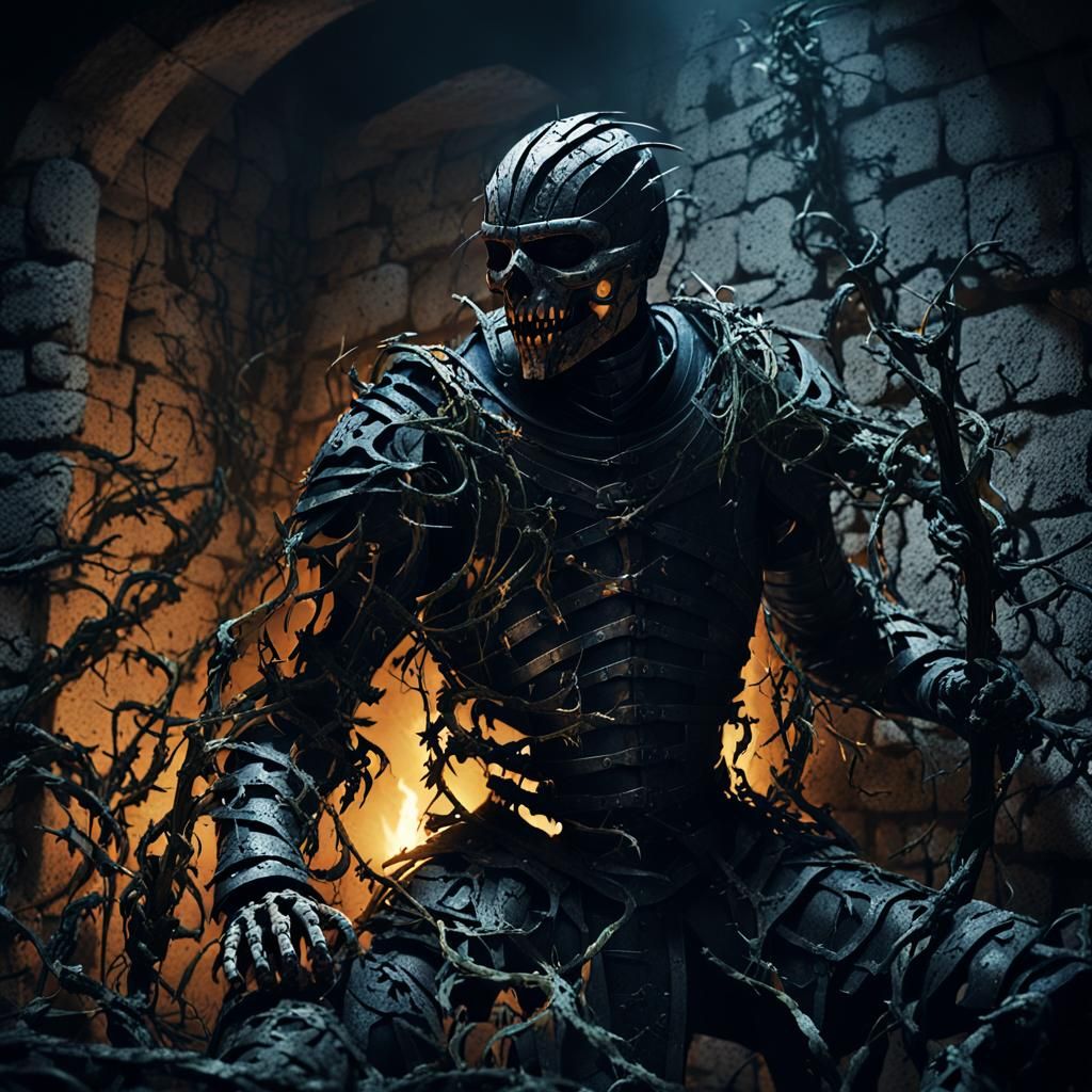 Warrior Trapped by Vines in Dark Fantasy Castle