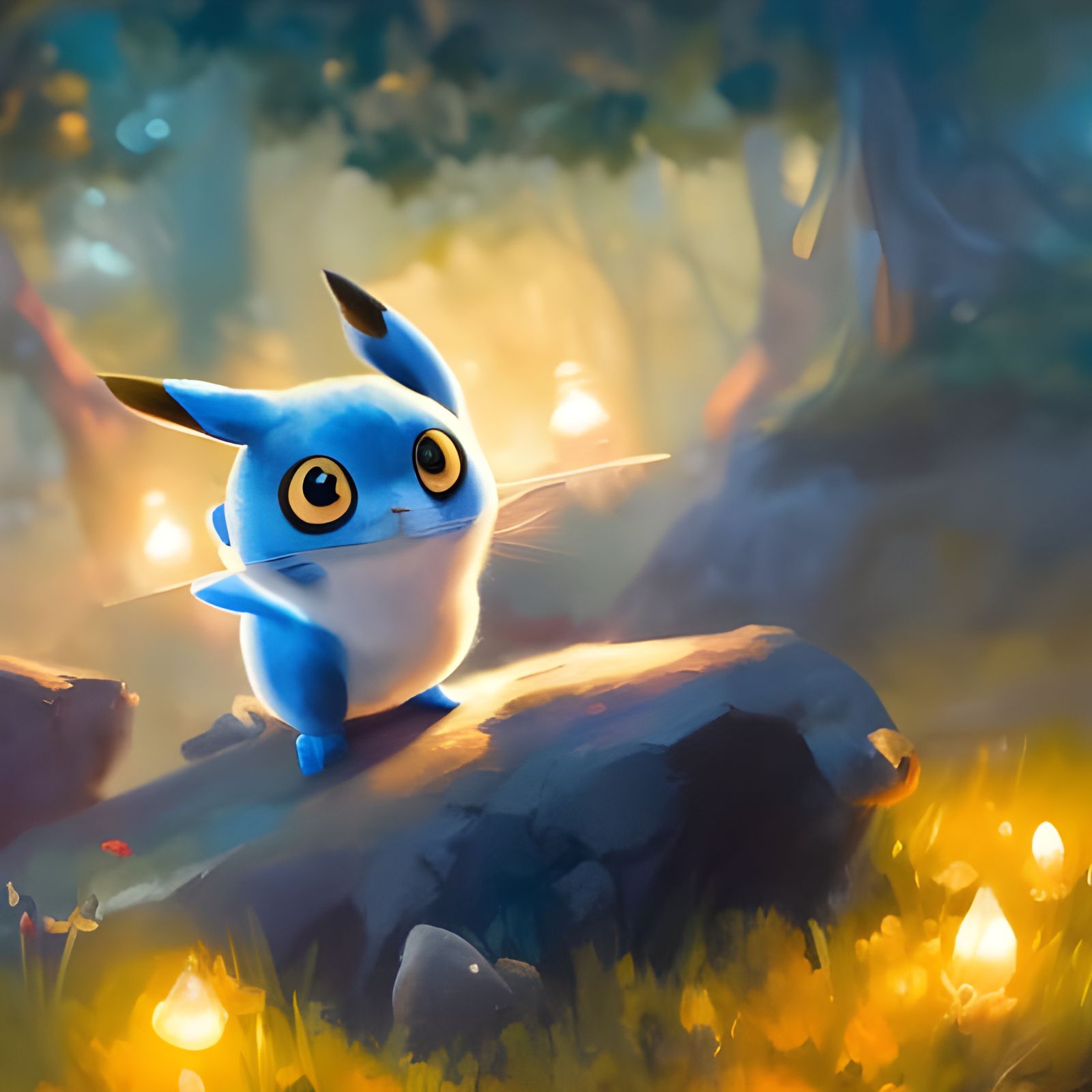 Blue Pikachu Portrait in Studio Ghibli Style