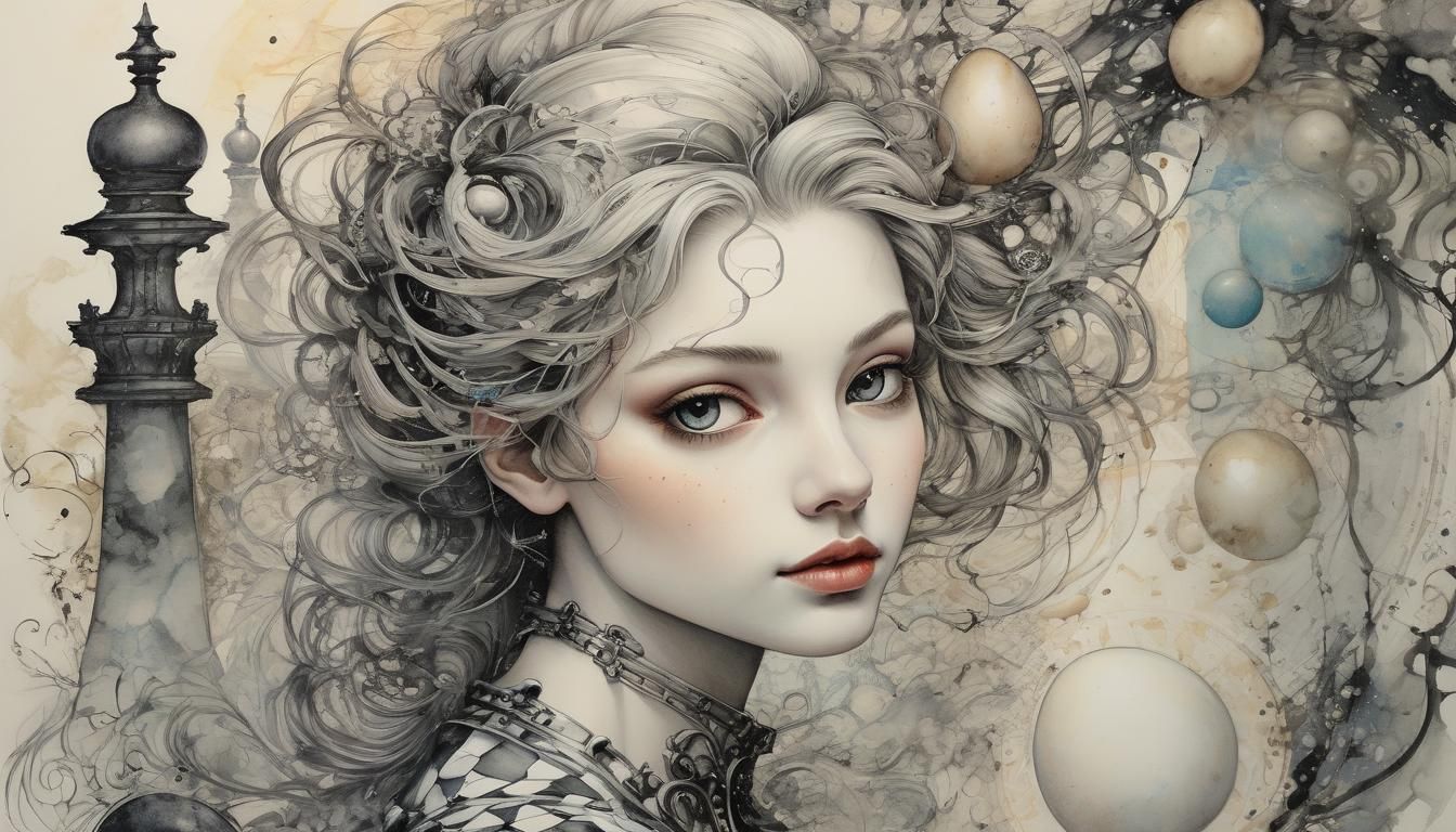 Galactic Chess Game with Cracked Egg and Portrait