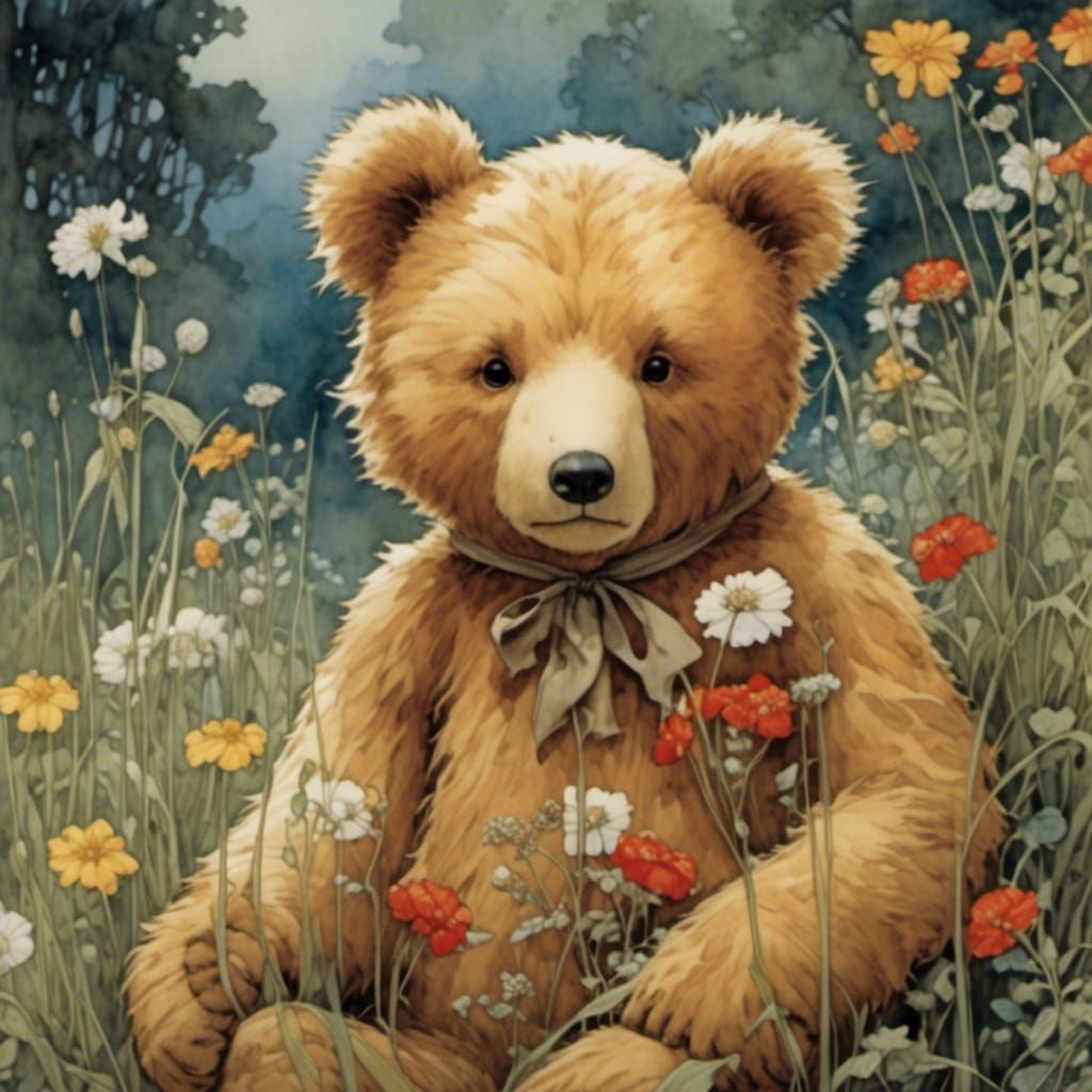 Teddy Bear and Wildflowers in Vintage Style