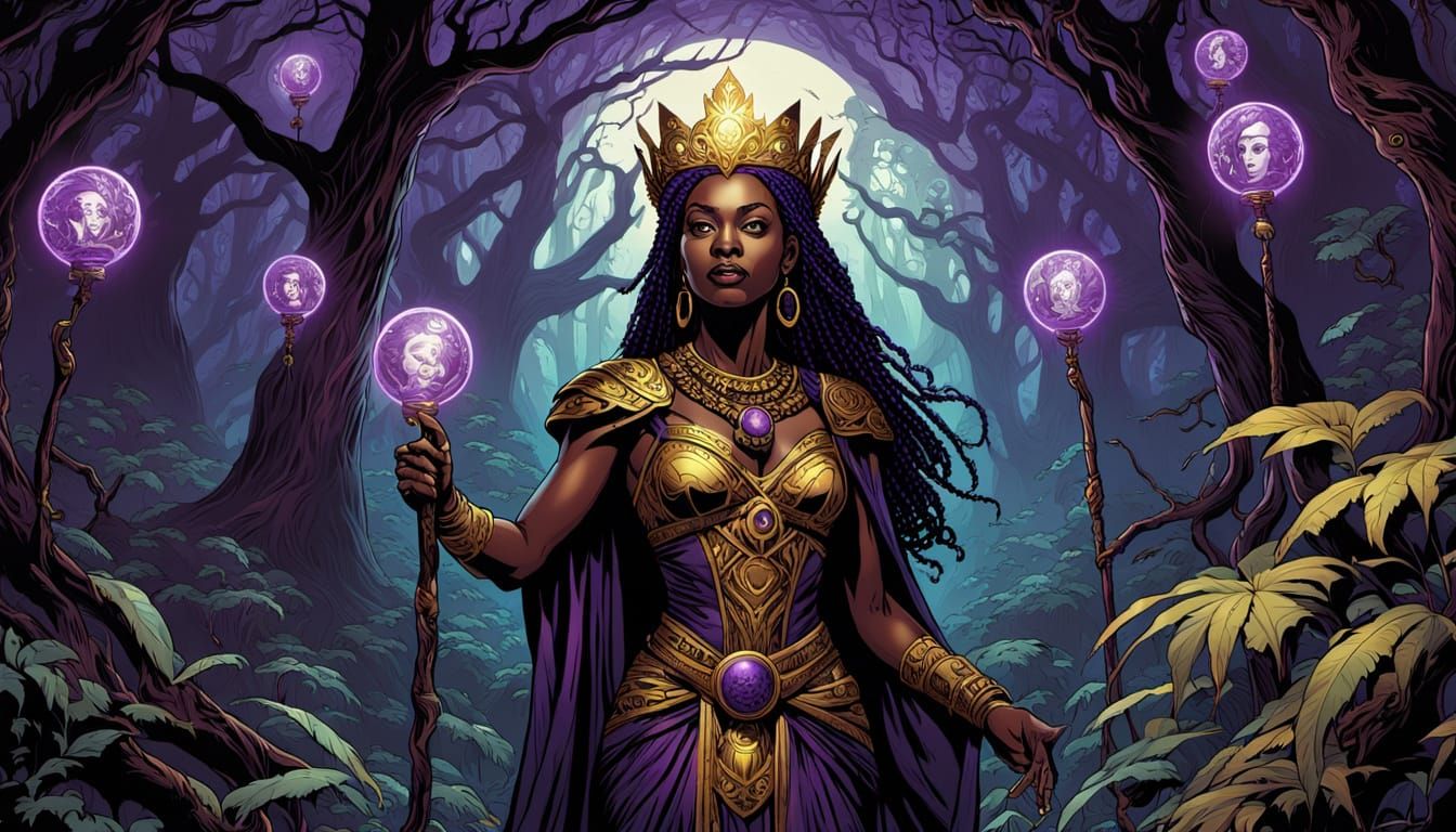 Regal Voodoo Queen in Vibrant Comic Book Art