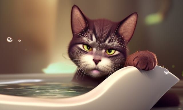 Cute Cat Bathing: Detailed Matte Painting