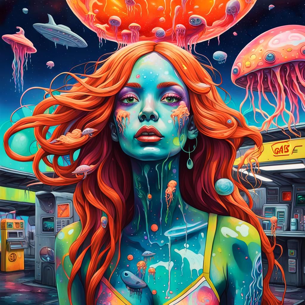 Cosmic Nymph and Alien in Vibrant Street Art