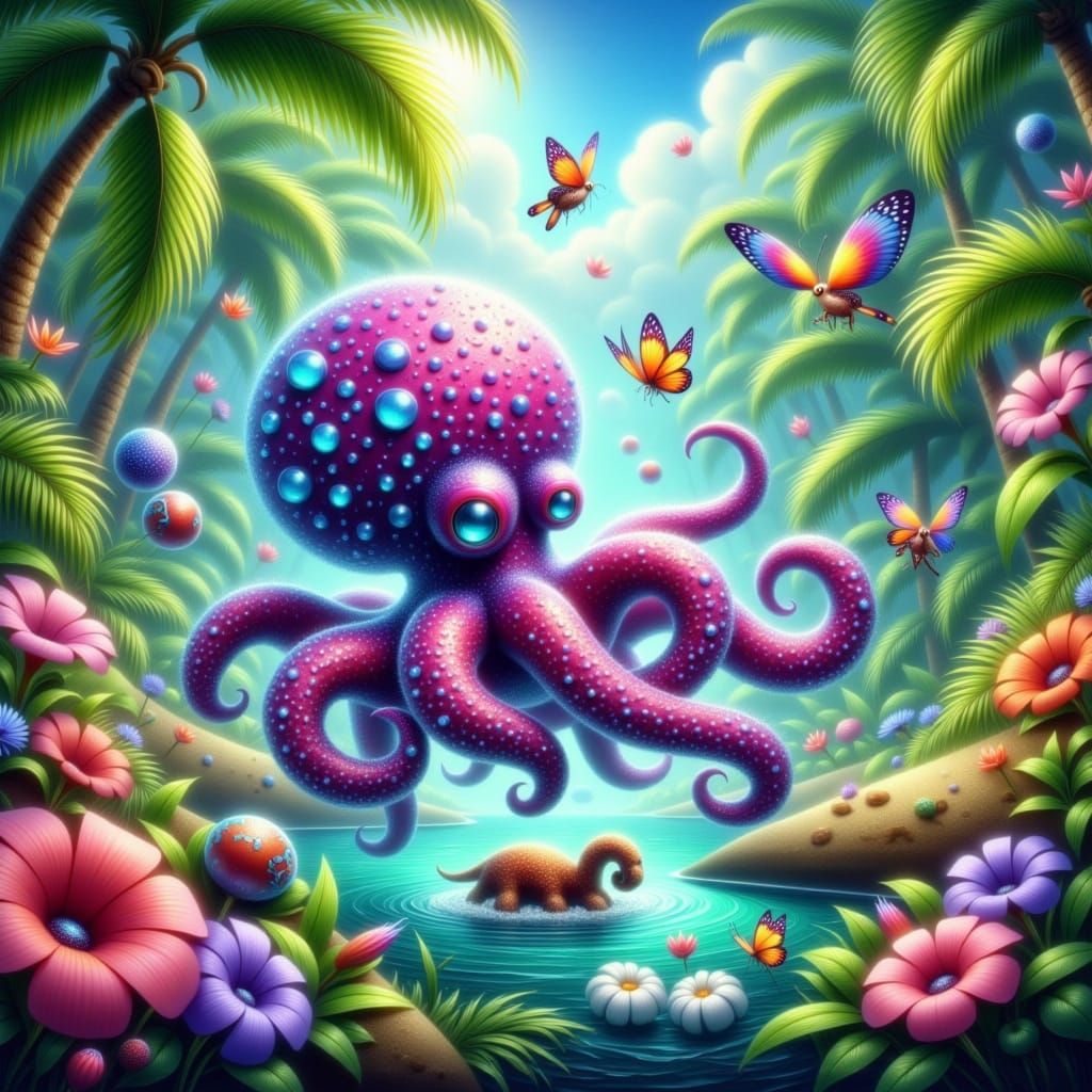 Whimsical Spider-Octopi Play in Haitian Forest