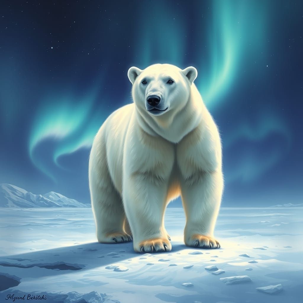 Serene Polar Bear Amidst Aurora Borealis in Dreamlike Painti...