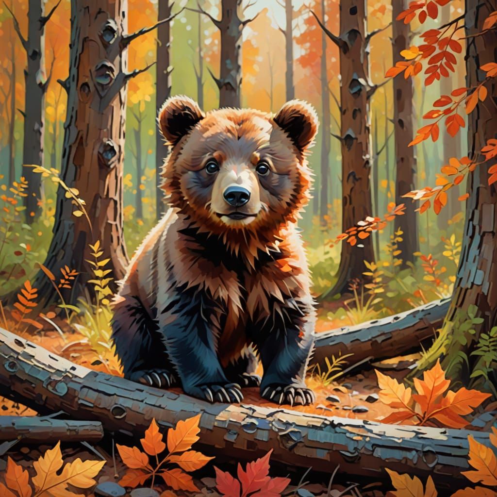Whimsical Autumn Forest Scene with a Cute Bear Cub