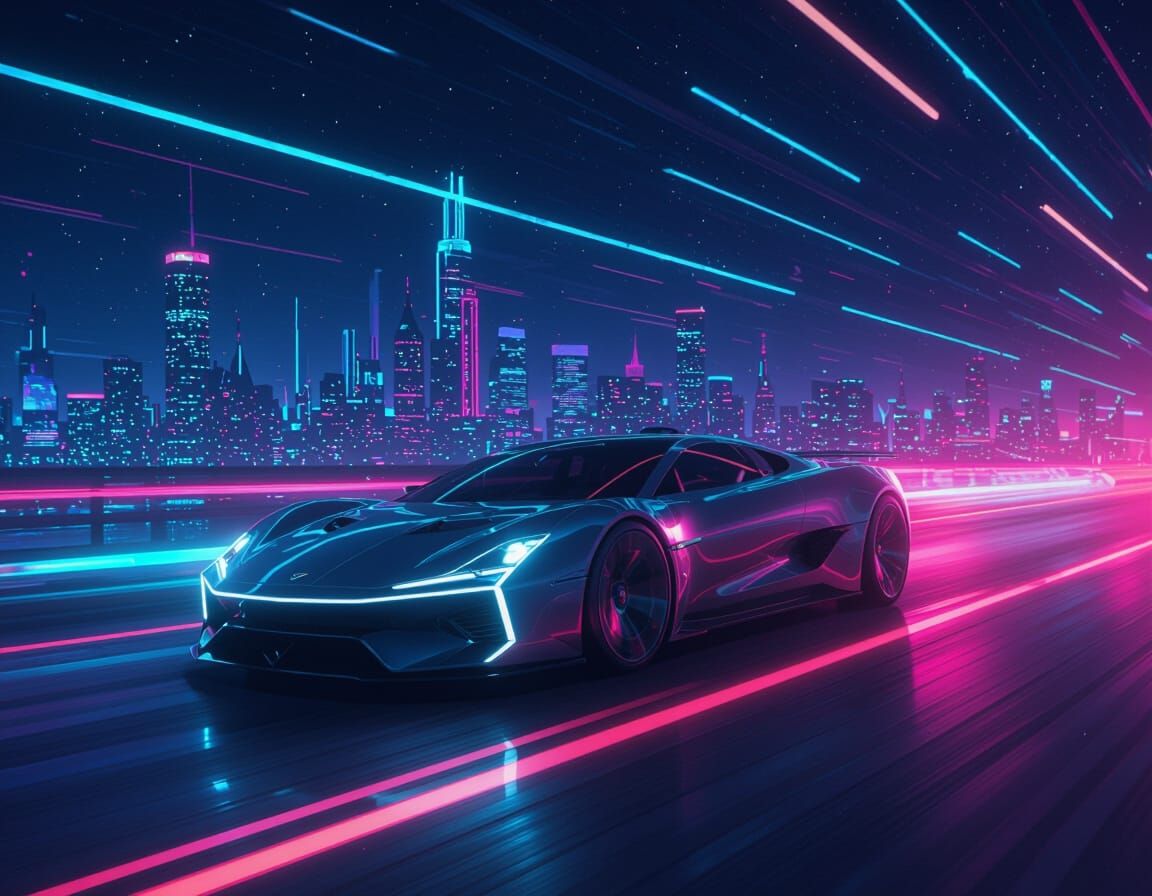 Futuristic Car on Neon Highway in Cyberpunk Style