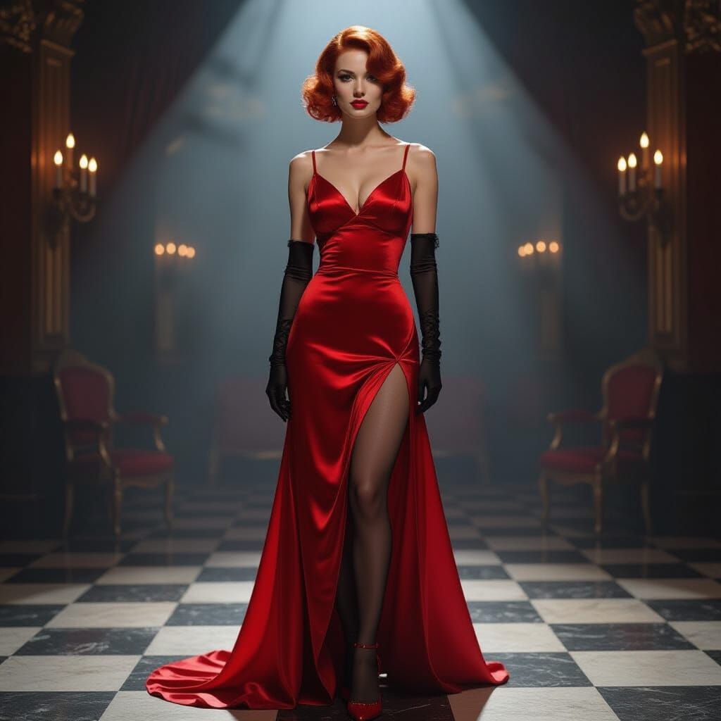 Glamorous Woman with Red Hair in Viennese Ballroom