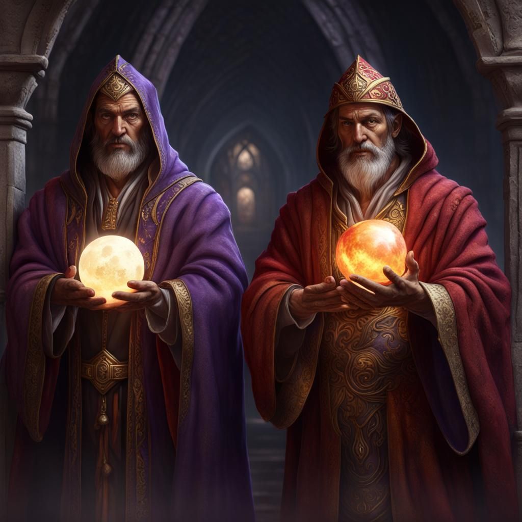 Three Romani Wizards Holding a Moonstone Orb