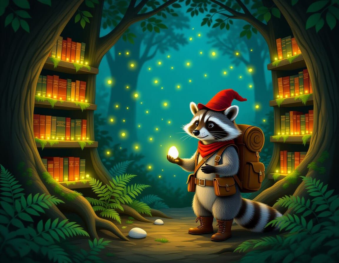 Magical Firefly Library with Raccoon Reader