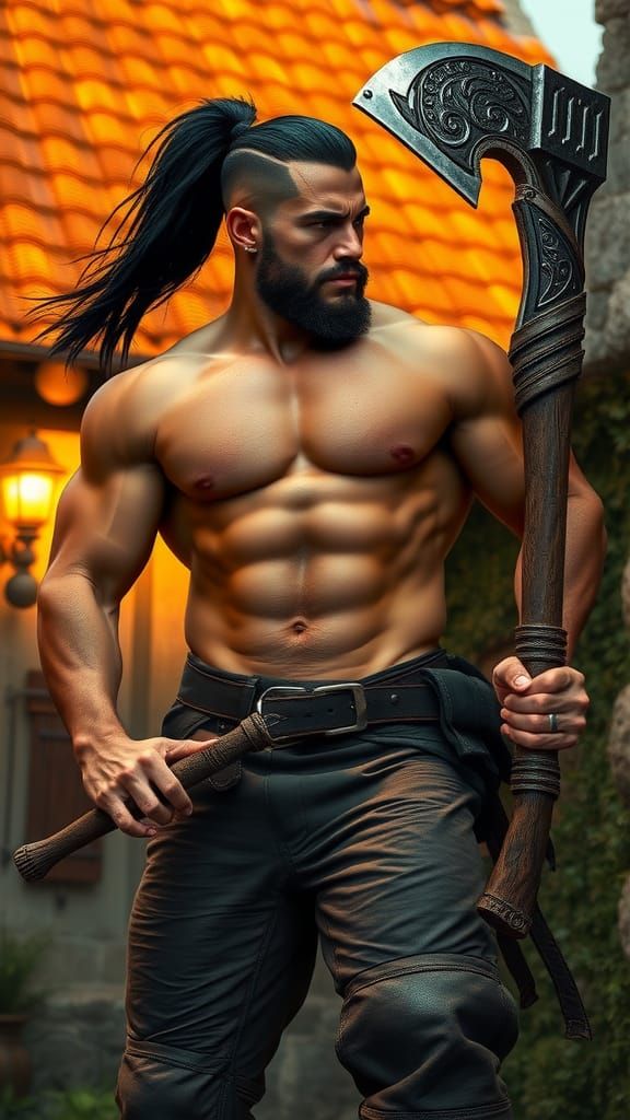 Muscular Man with Battleaxe in Stylized Digital Art