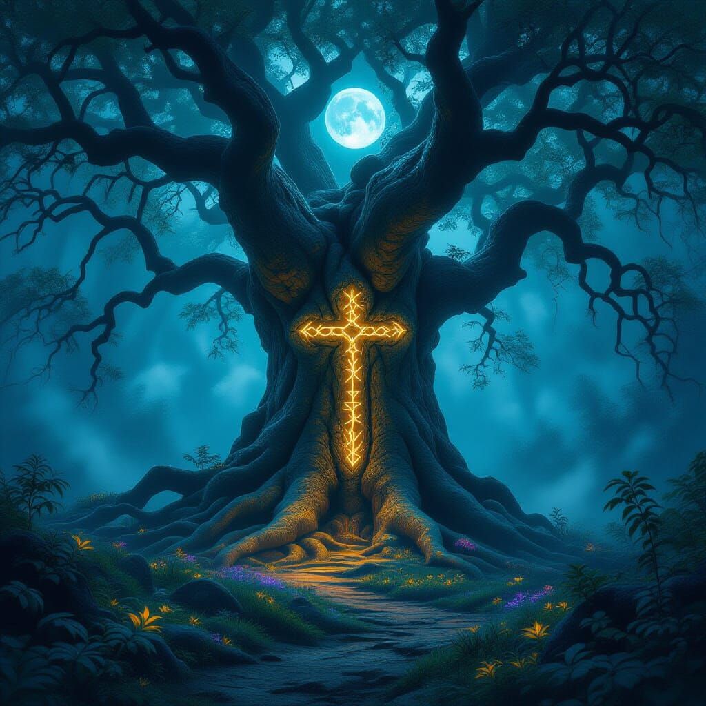 Ancient Tree With Glowing Runes in Moonlight