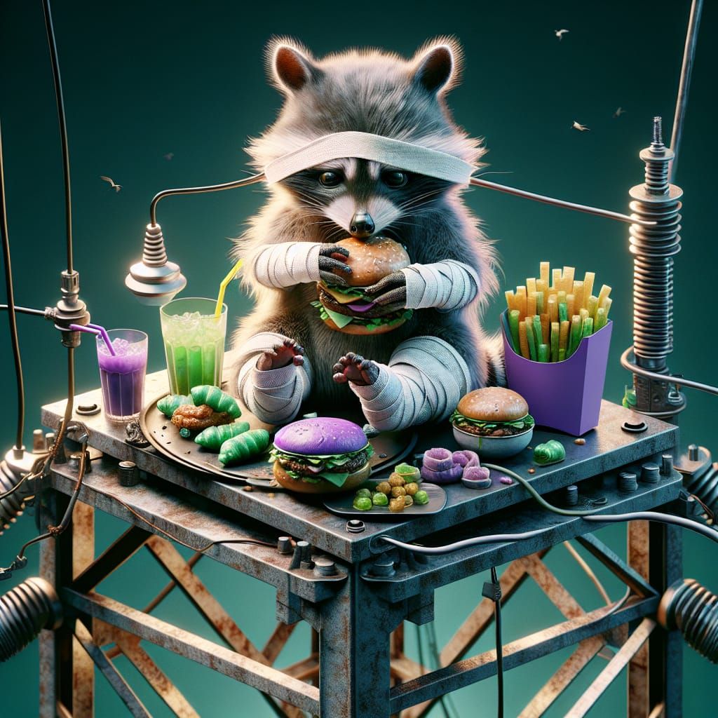 Bandaged Raccoon's Bizarre Meal on High-Voltage Tower