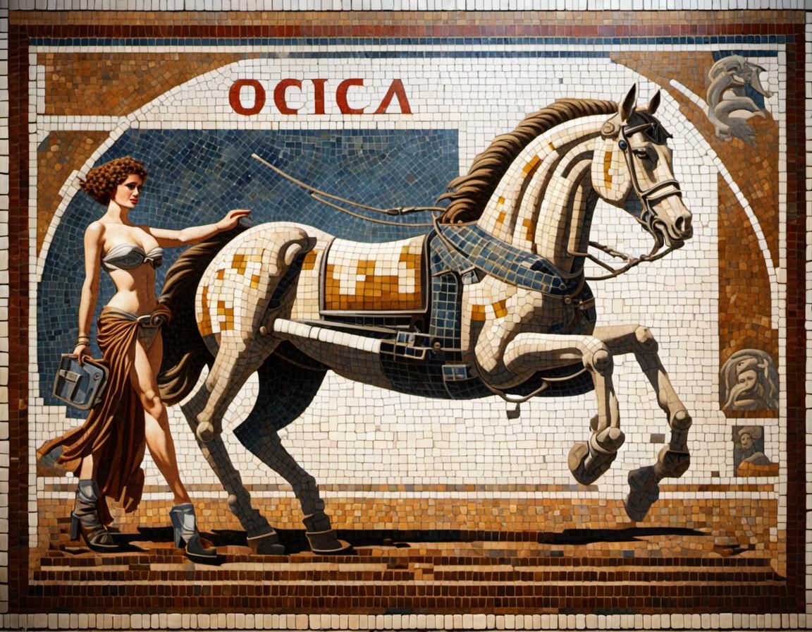 Pompeii Mosaic: Futuristic Chariot Ad, Pixel Art Style
