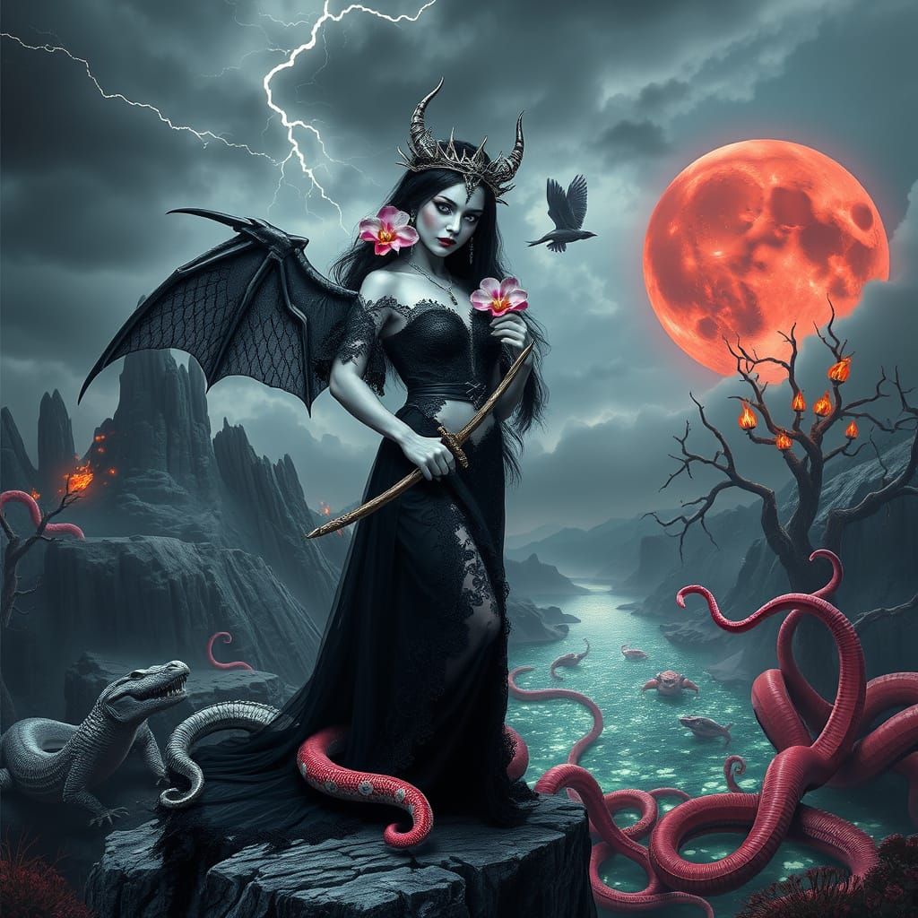 Gothic Vampire Goddess with Burning Sword, Digital Art