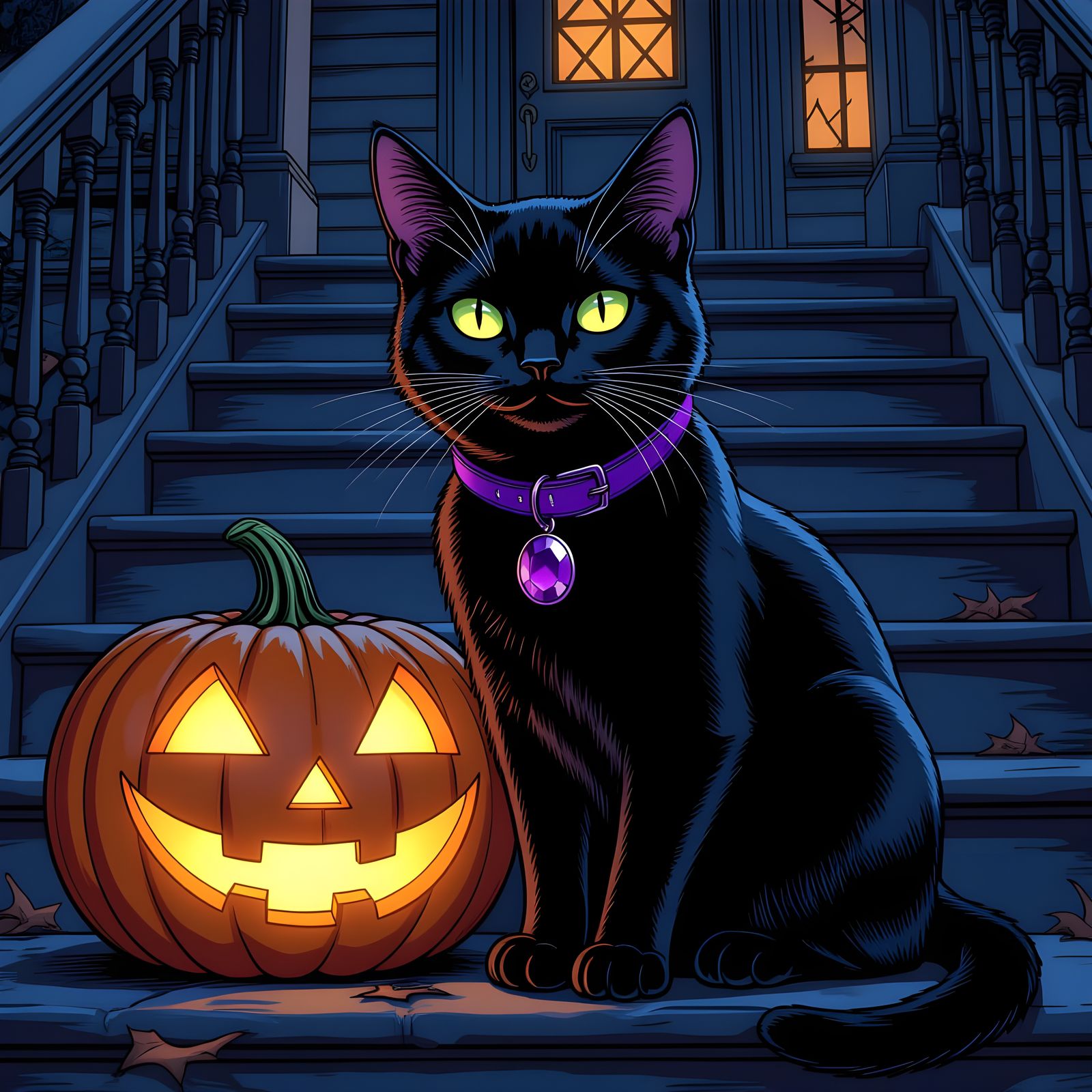 Black Cat and Jack-o'-Lantern in Comic Book Style