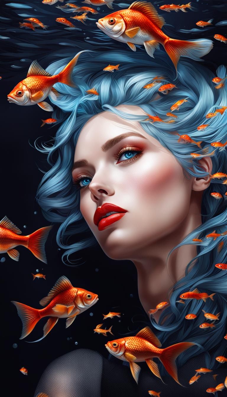 Beautiful Girl Surrounded by Goldfish