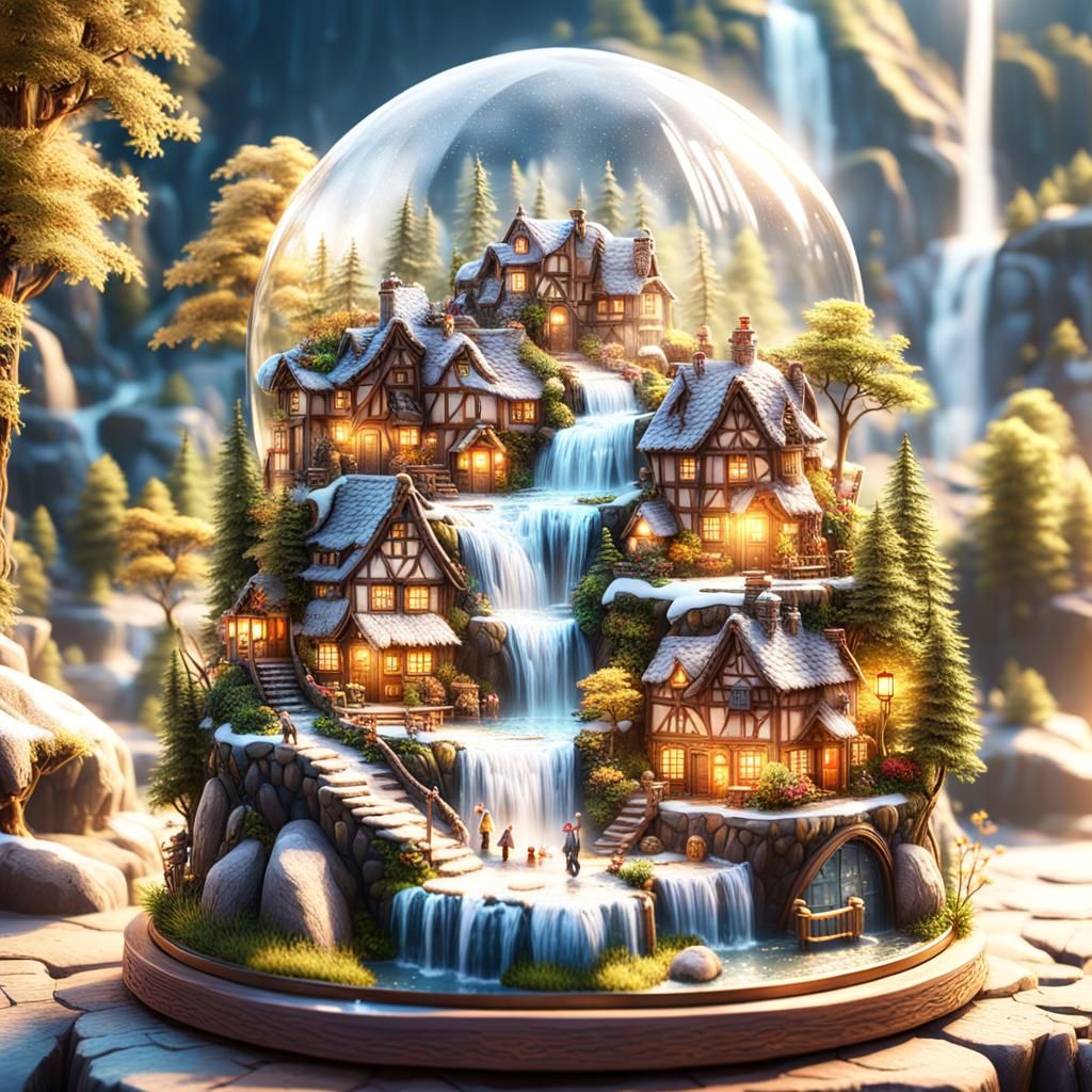 Snow Globe Village Diorama: Detailed Matte Painting