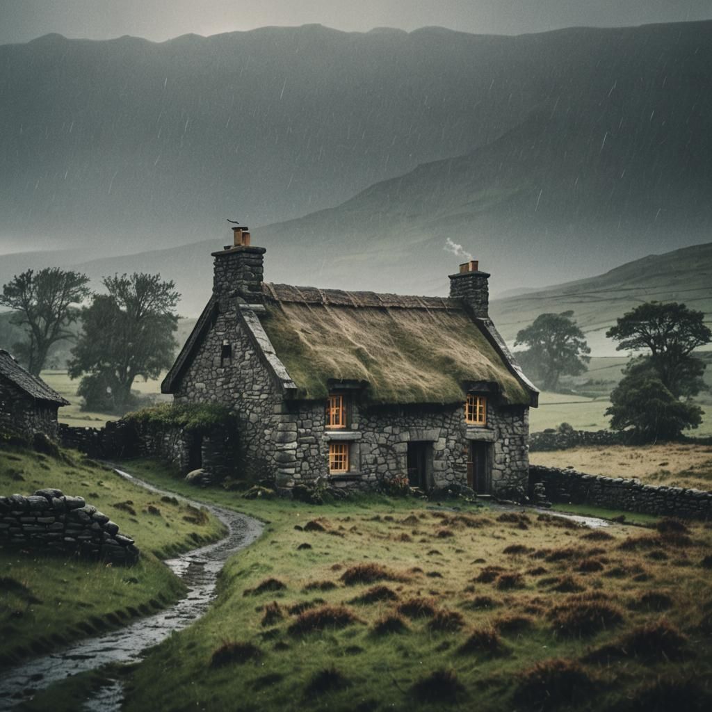Rainy Medieval Cottage in Irish Moors: Cinematic Film Still