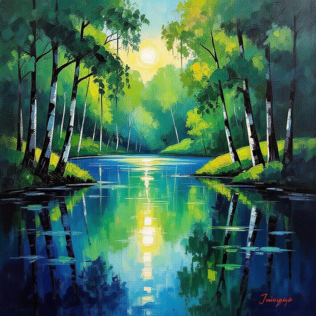 Serene Pond in Lush Greenery: Abstract Expressionist Paintin...