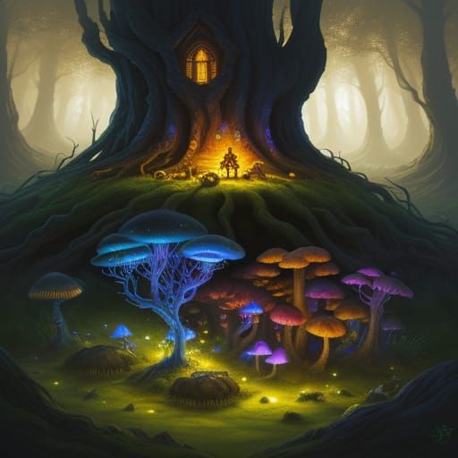 Trolls in Dark Forest with Glowing Mushrooms