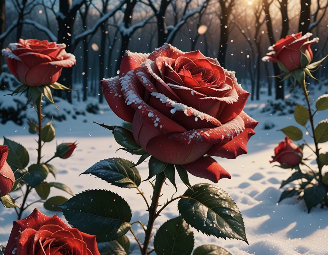 Serene Red Roses in Snow: Cinematic Digital Art