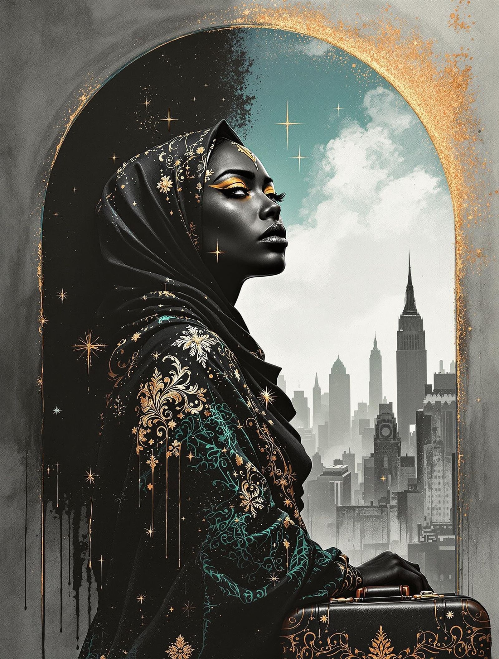 Somali Woman in Urban Landscape with Metallic Accents