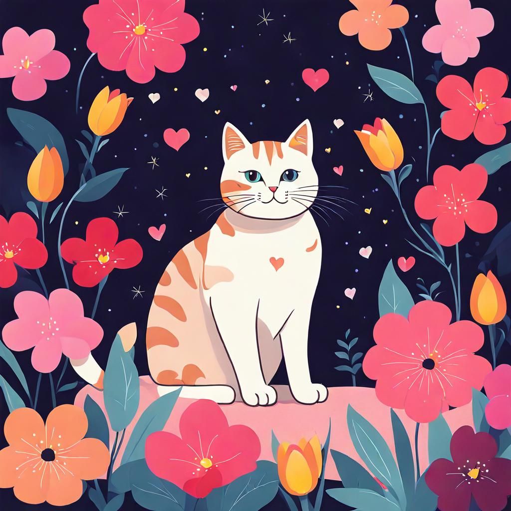 Cute Cat with Flowers in Cartoon Style